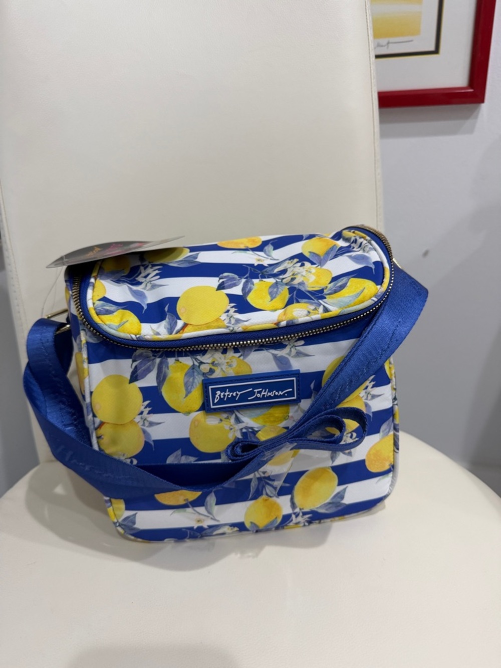 Betsey Johnson Blue, White & Yellow "Lemons & Stripes" Insulated Tote Bag